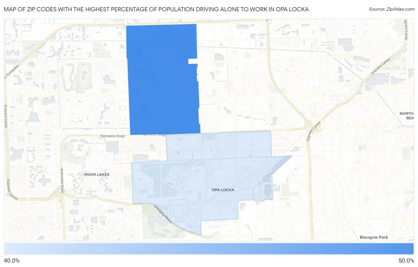 Zip Codes with the Highest Percentage of Population Driving Alone to Work in Opa Locka Map