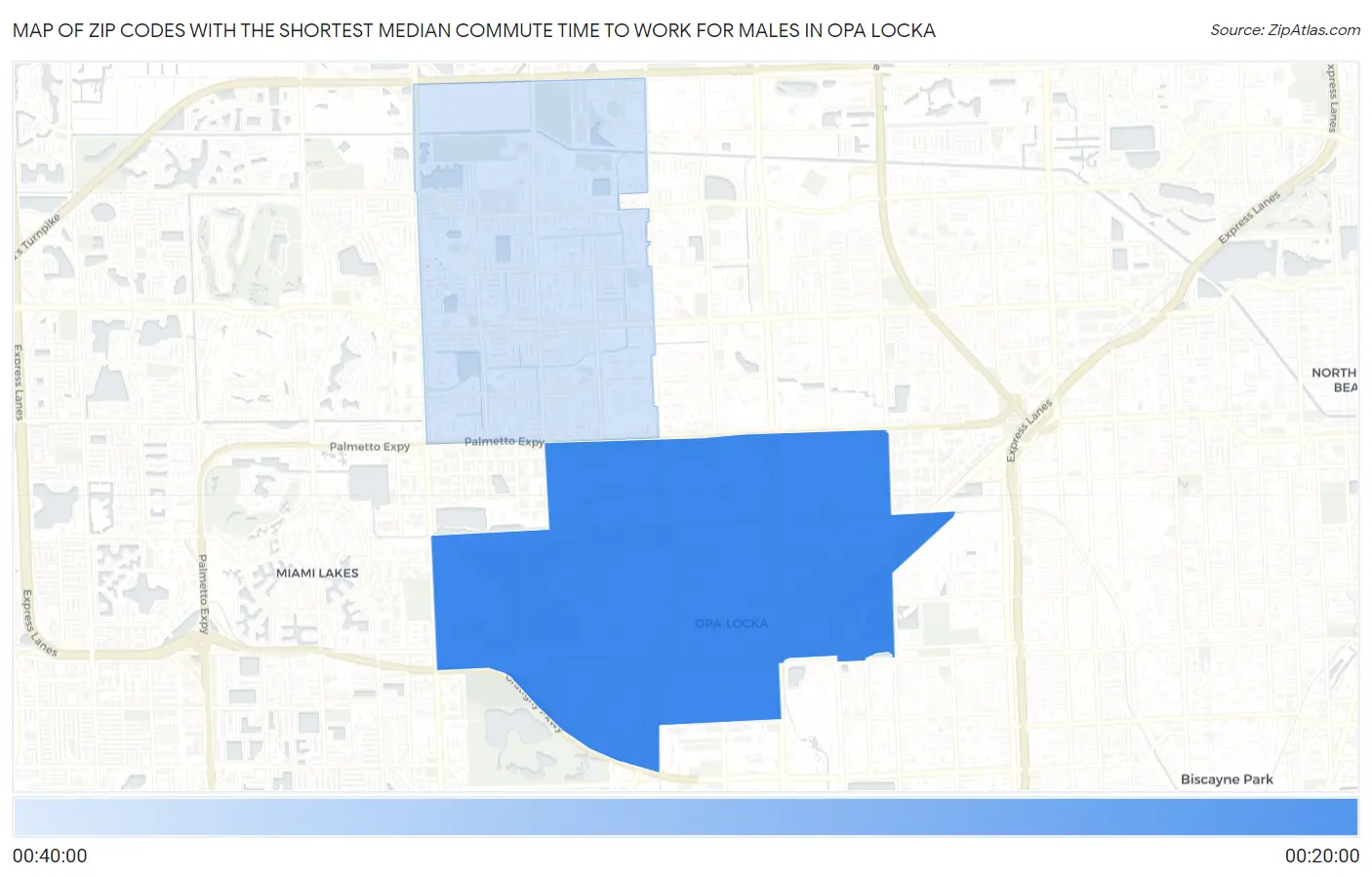 Zip Codes with the Shortest Median Commute Time to Work for Males in Opa Locka Map