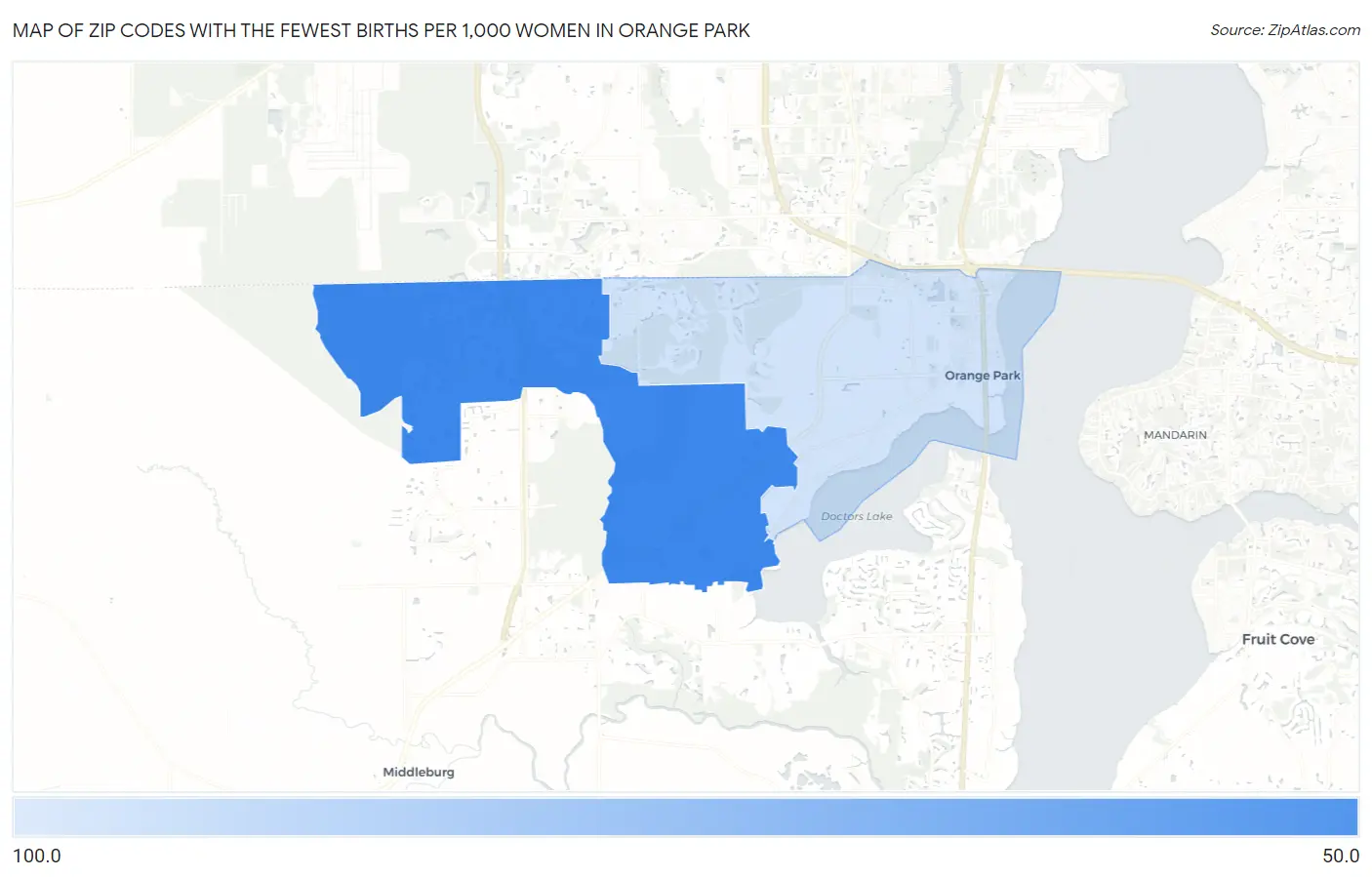 Zip Codes with the Fewest Births per 1,000 Women in Orange Park Map