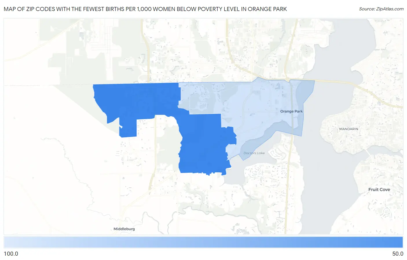 Zip Codes with the Fewest Births per 1,000 Women Below Poverty Level in Orange Park Map