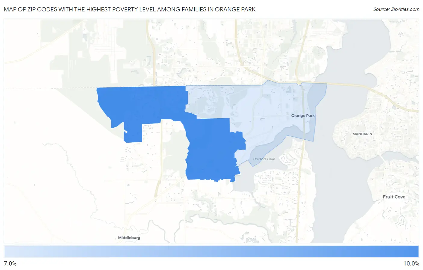 Zip Codes with the Highest Poverty Level Among Families in Orange Park Map