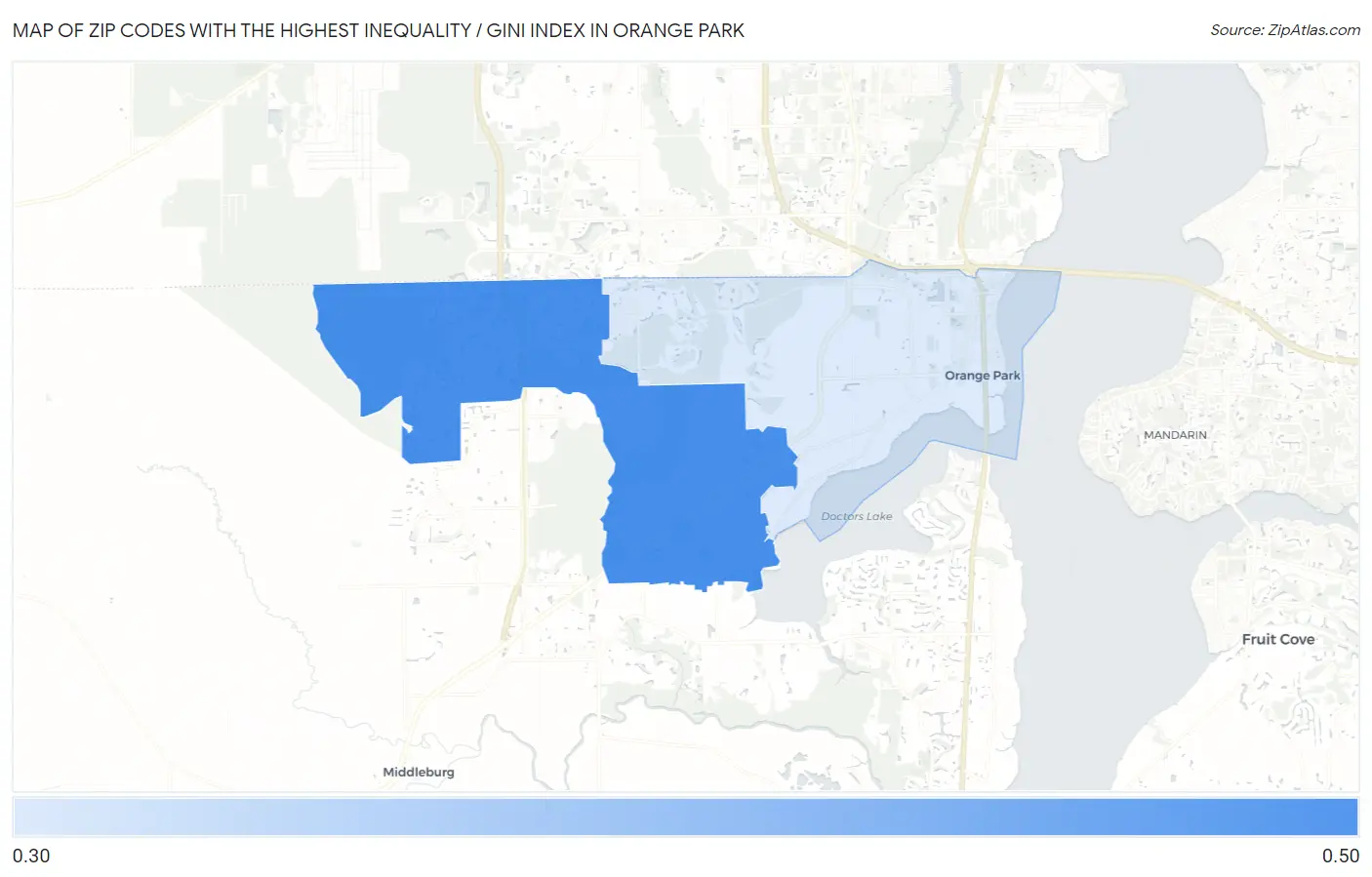Zip Codes with the Highest Inequality / Gini Index in Orange Park Map