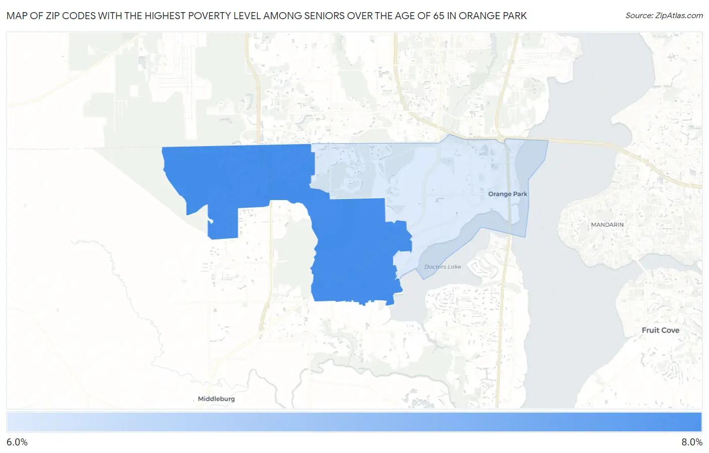 Zip Codes with the Highest Poverty Level Among Seniors Over the Age of 65 in Orange Park Map