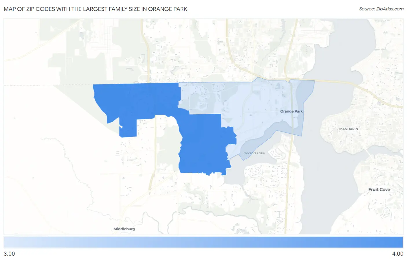Zip Codes with the Largest Family Size in Orange Park Map