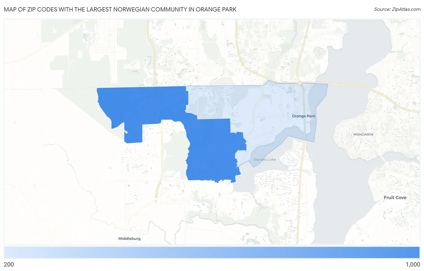 Zip Codes with the Largest Norwegian Community in Orange Park Map