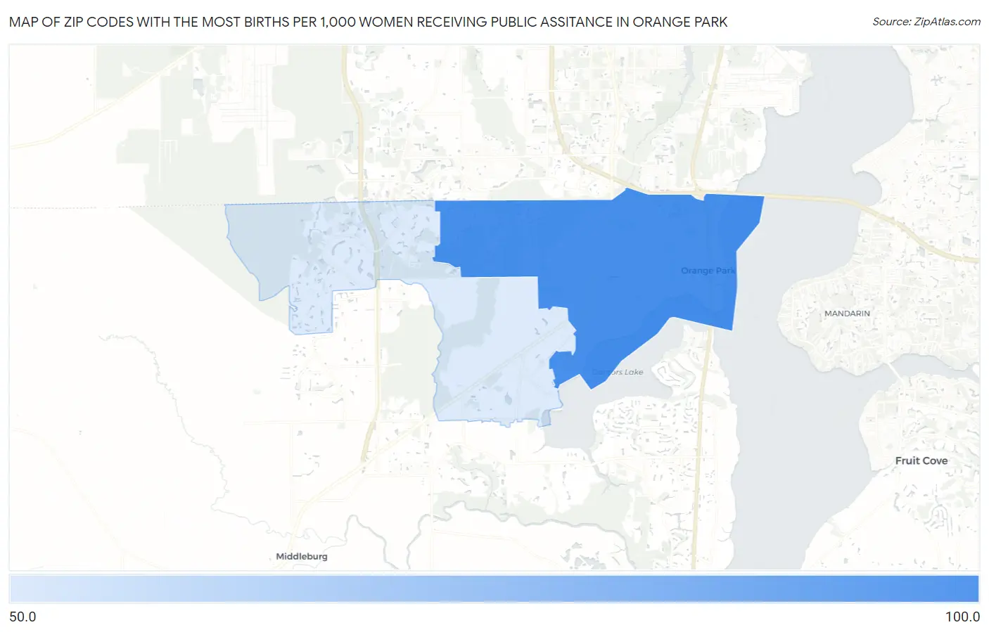 Zip Codes with the Most Births per 1,000 Women Receiving Public Assitance in Orange Park Map