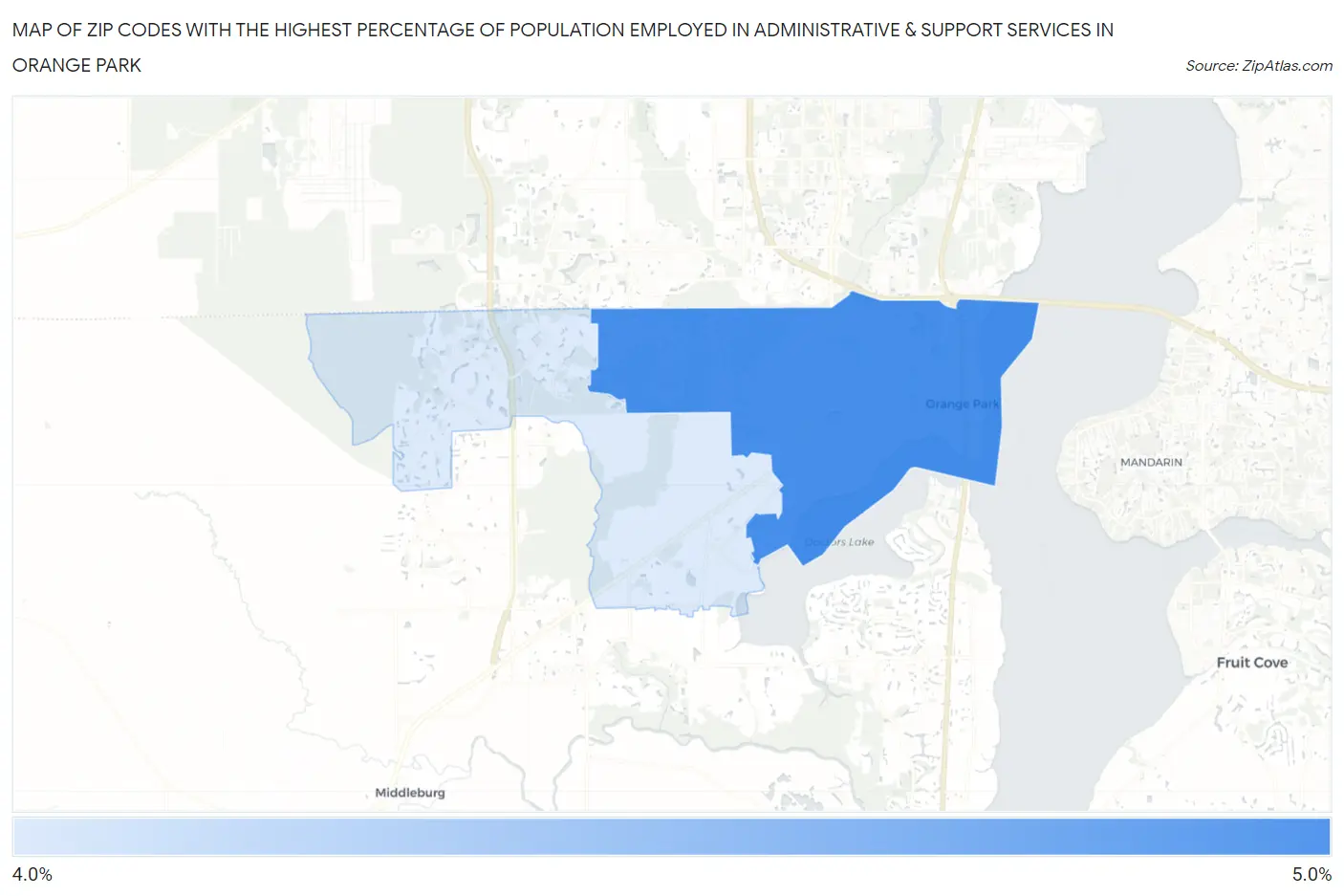 Zip Codes with the Highest Percentage of Population Employed in Administrative & Support Services in Orange Park Map