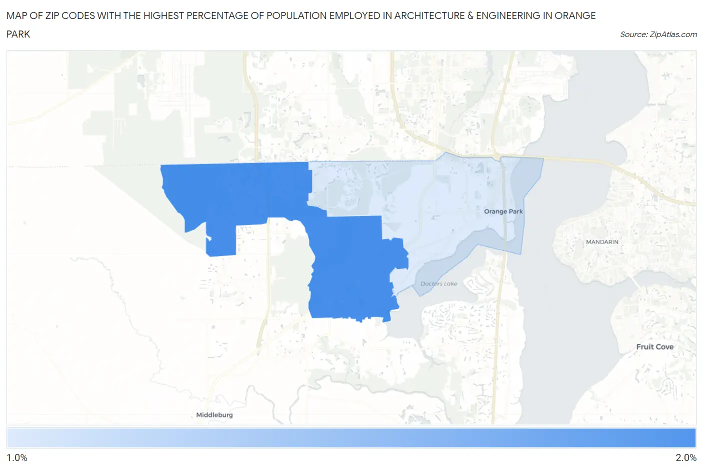 Zip Codes with the Highest Percentage of Population Employed in Architecture & Engineering in Orange Park Map