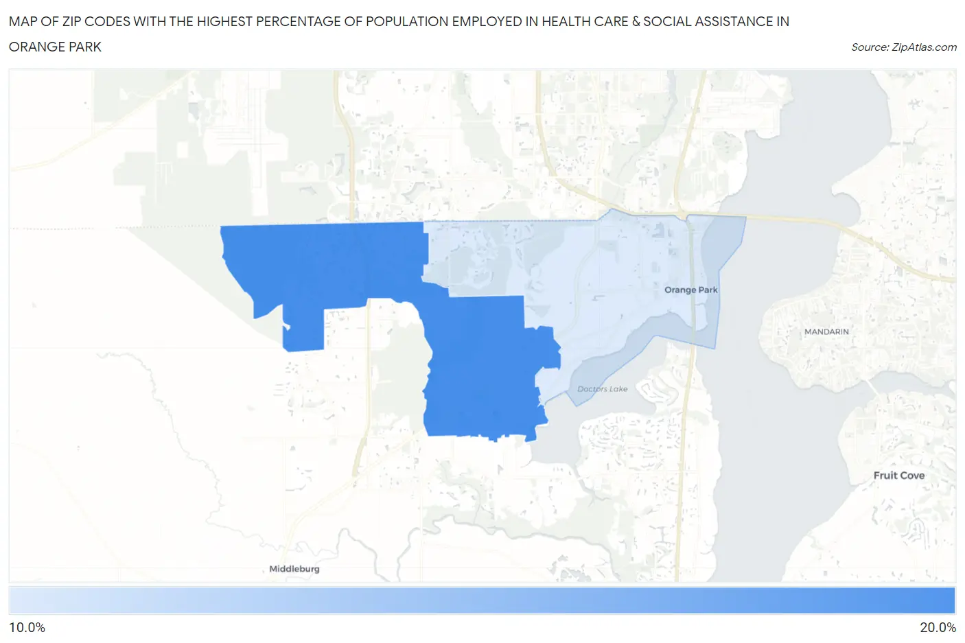 Zip Codes with the Highest Percentage of Population Employed in Health Care & Social Assistance in Orange Park Map