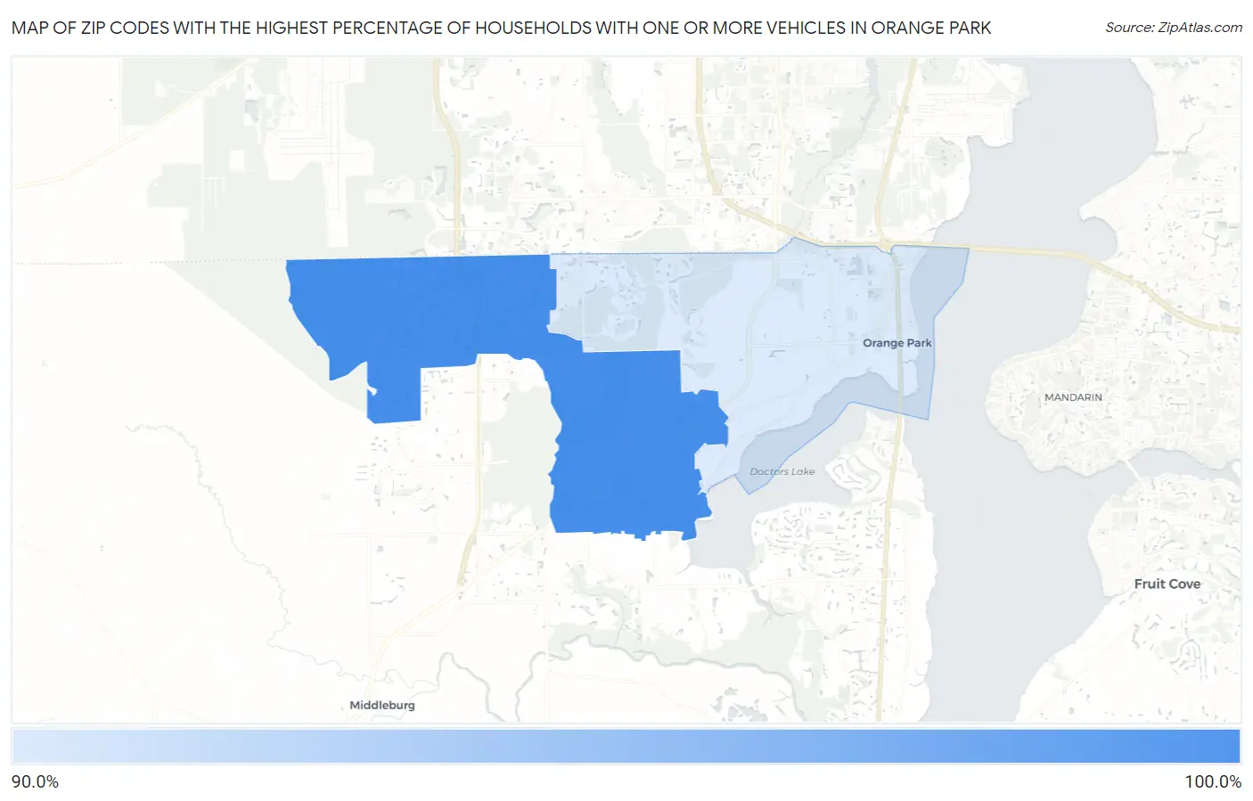 Zip Codes with the Highest Percentage of Households With One or more Vehicles in Orange Park Map