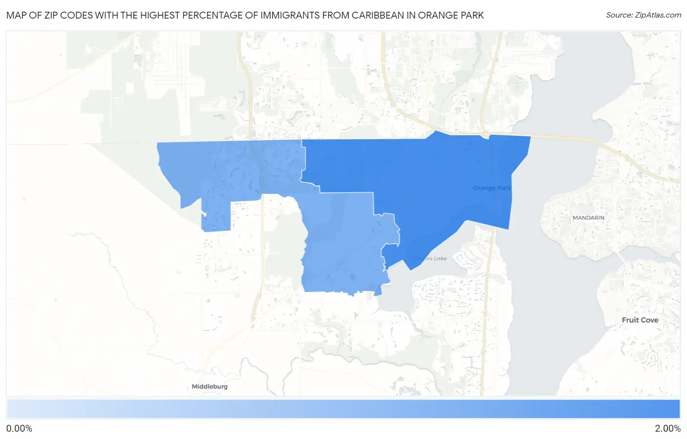 Zip Codes with the Highest Percentage of Immigrants from Caribbean in Orange Park Map