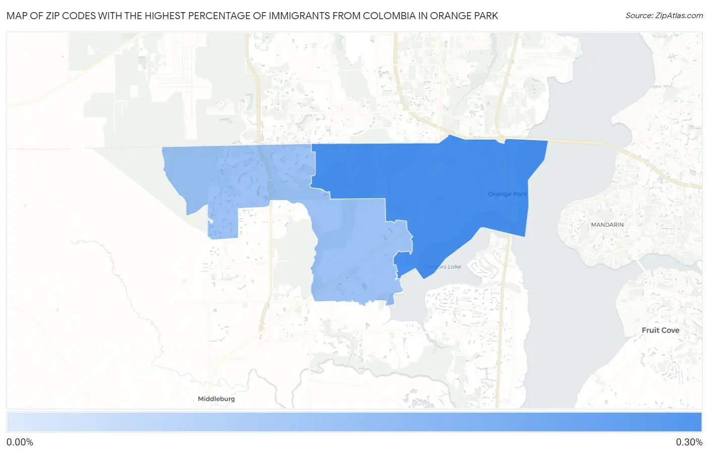 Zip Codes with the Highest Percentage of Immigrants from Colombia in Orange Park Map