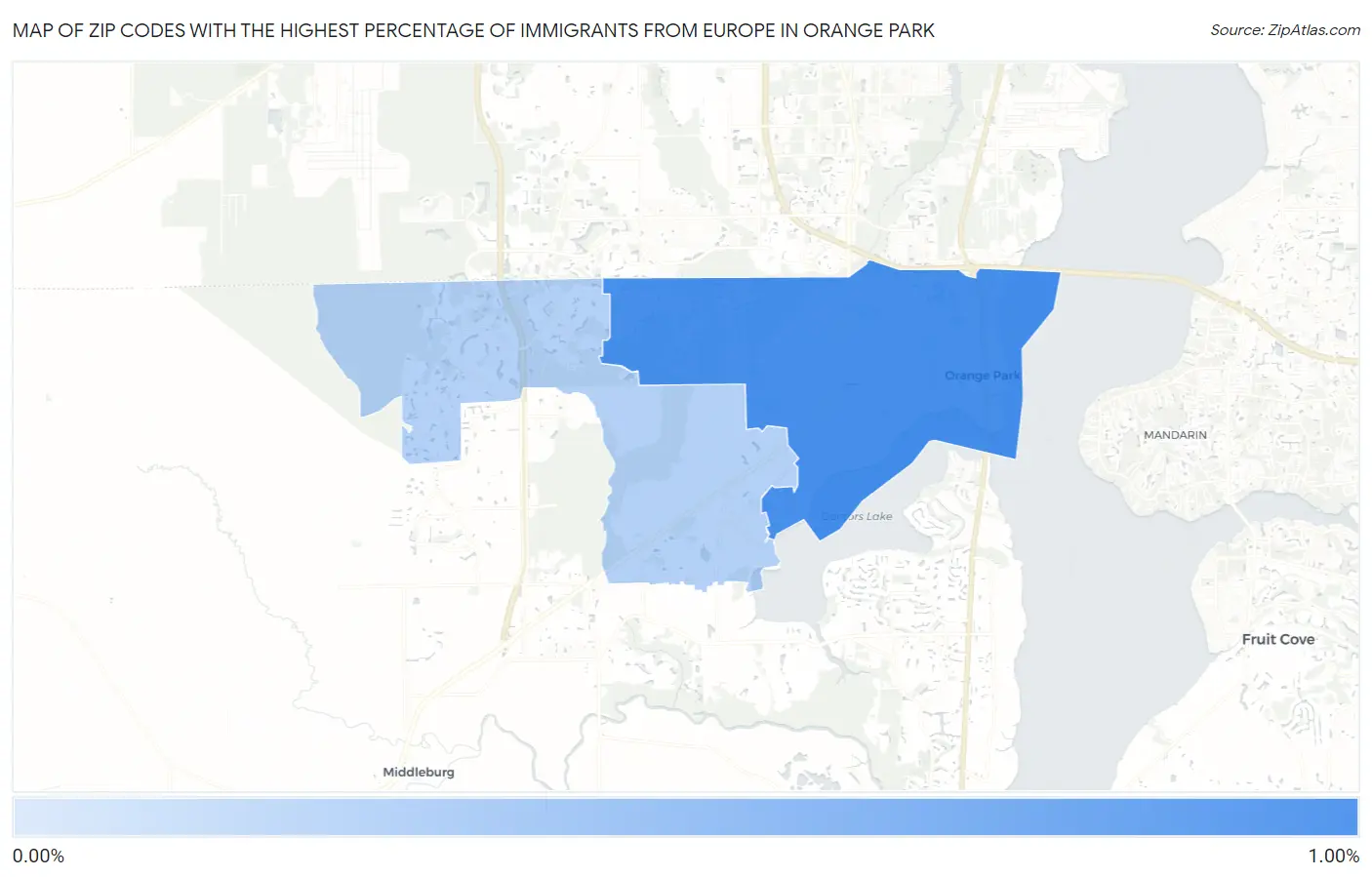 Zip Codes with the Highest Percentage of Immigrants from Europe in Orange Park Map