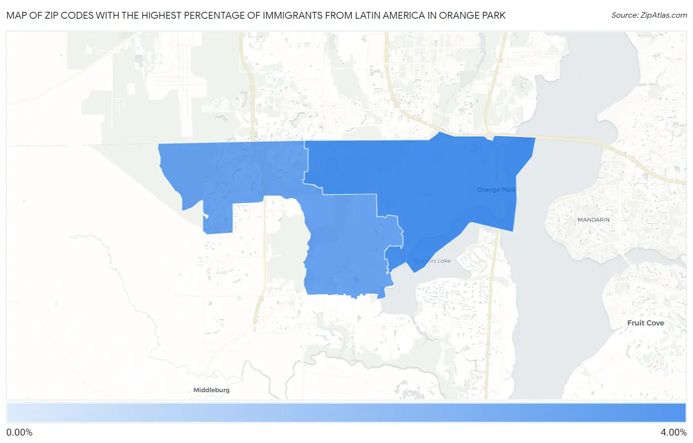 Zip Codes with the Highest Percentage of Immigrants from Latin America in Orange Park Map