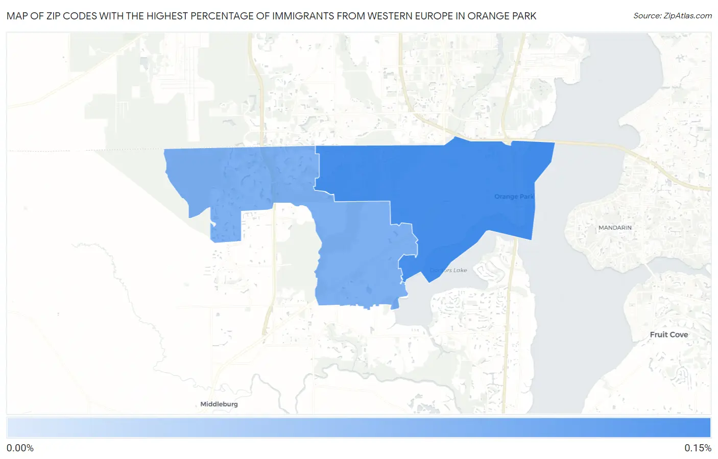 Zip Codes with the Highest Percentage of Immigrants from Western Europe in Orange Park Map