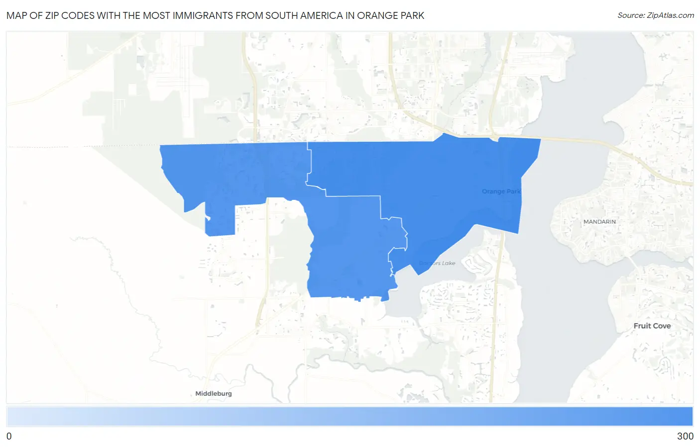 Zip Codes with the Most Immigrants from South America in Orange Park Map