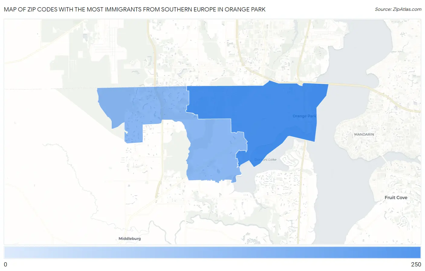 Zip Codes with the Most Immigrants from Southern Europe in Orange Park Map