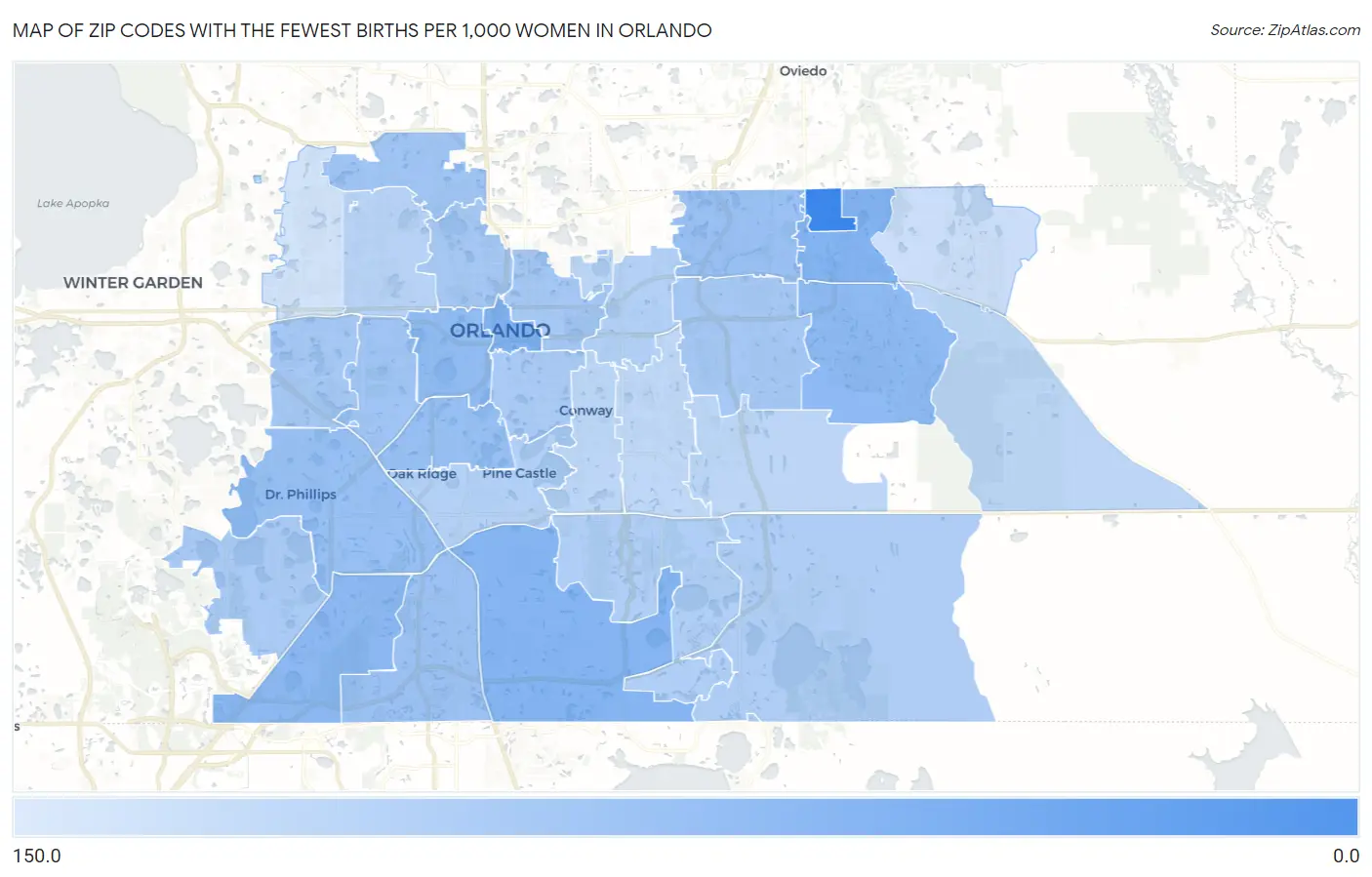 Zip Codes with the Fewest Births per 1,000 Women in Orlando Map