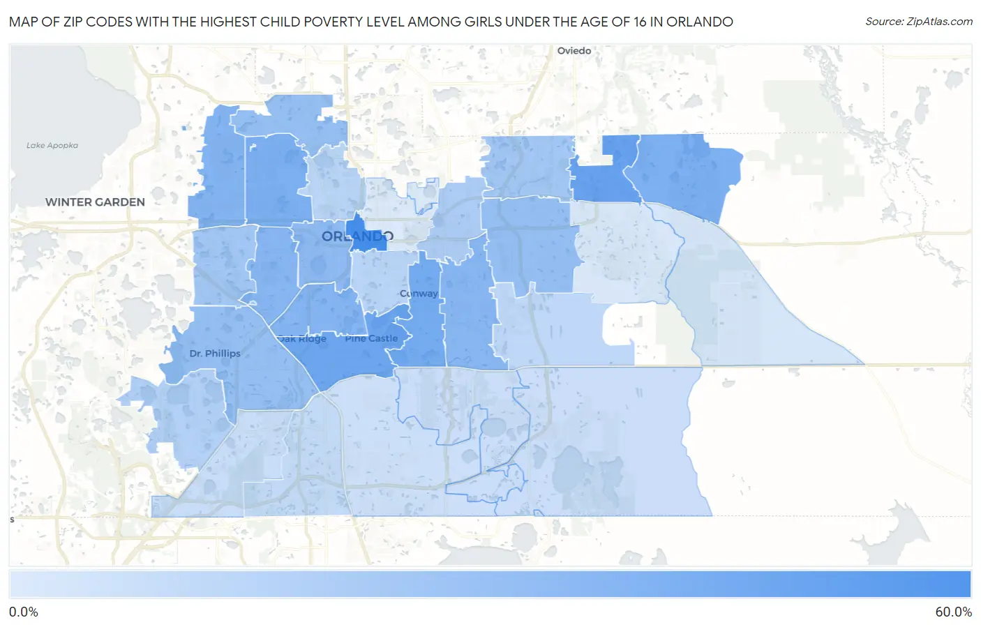 Zip Codes with the Highest Child Poverty Level Among Girls Under the Age of 16 in Orlando Map