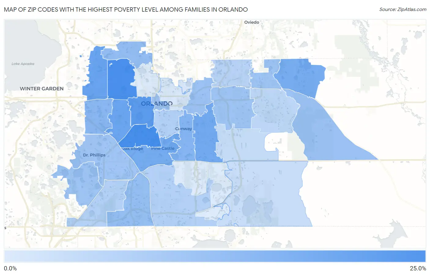 Zip Codes with the Highest Poverty Level Among Families in Orlando Map