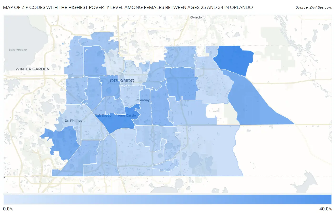 Zip Codes with the Highest Poverty Level Among Females Between Ages 25 and 34 in Orlando Map