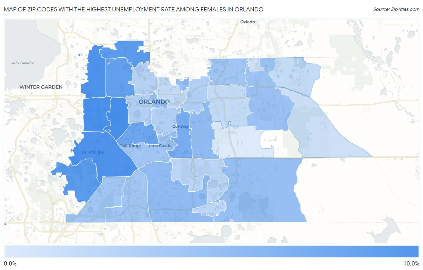 Zip Codes with the Highest Unemployment Rate Among Females in Orlando Map