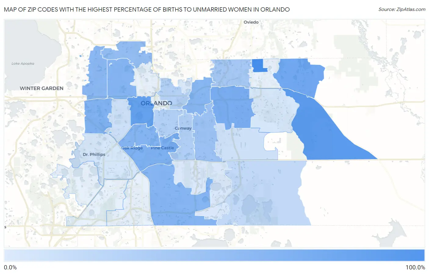 Zip Codes with the Highest Percentage of Births to Unmarried Women in Orlando Map