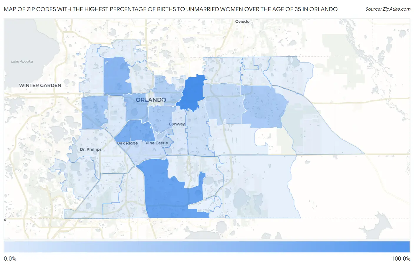 Zip Codes with the Highest Percentage of Births to Unmarried Women over the Age of 35 in Orlando Map