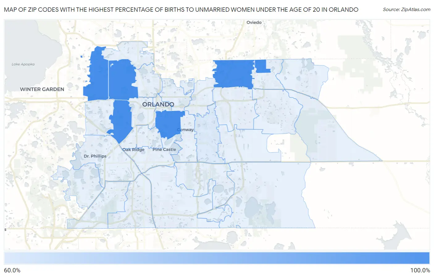Zip Codes with the Highest Percentage of Births to Unmarried Women under the Age of 20 in Orlando Map