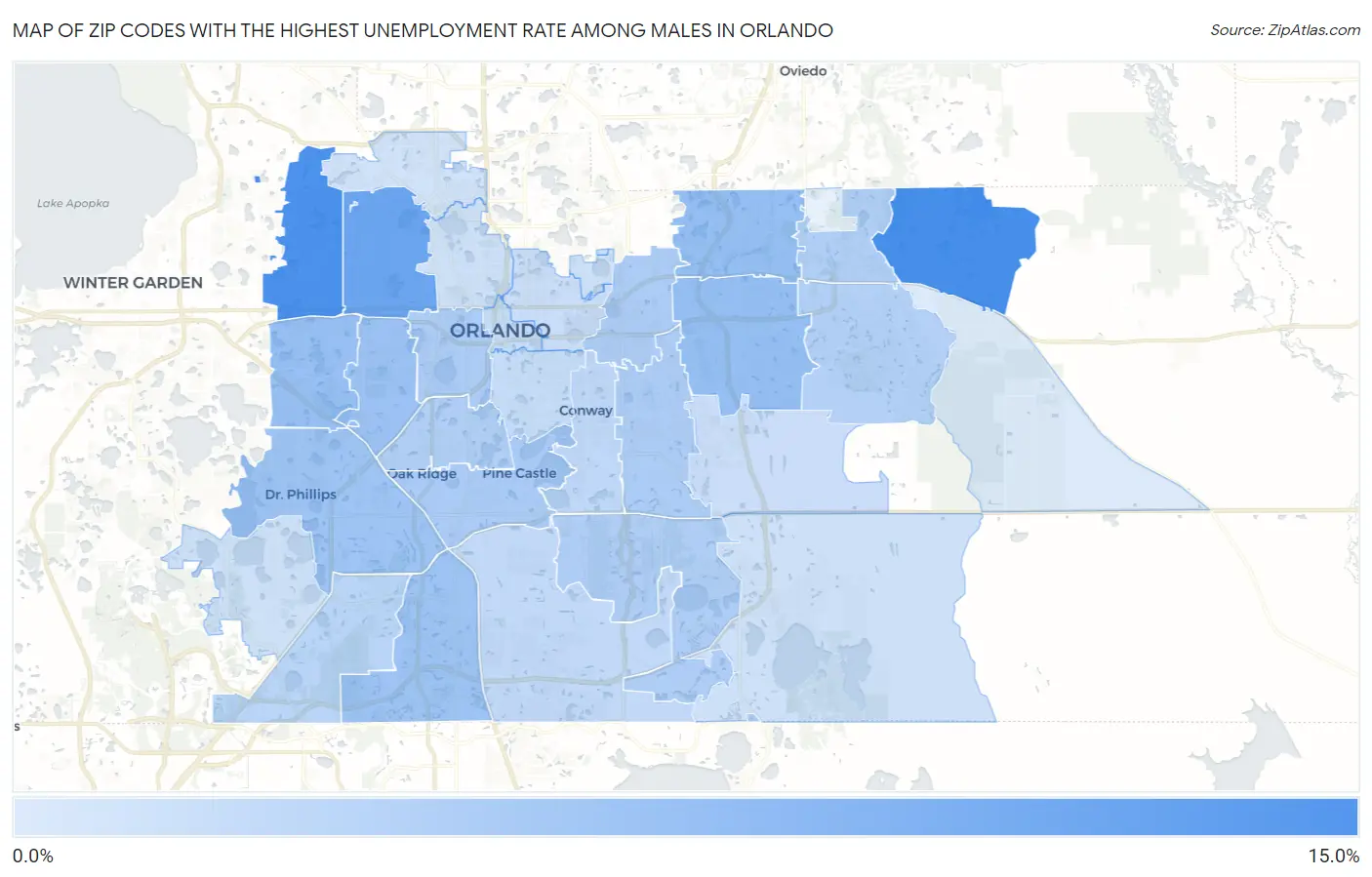 Zip Codes with the Highest Unemployment Rate Among Males in Orlando Map