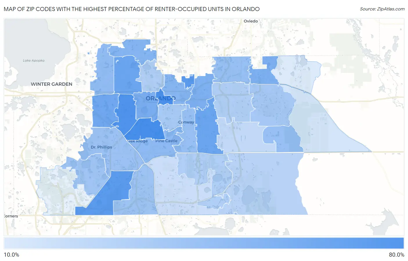 Zip Codes with the Highest Percentage of Renter-Occupied Units in Orlando Map