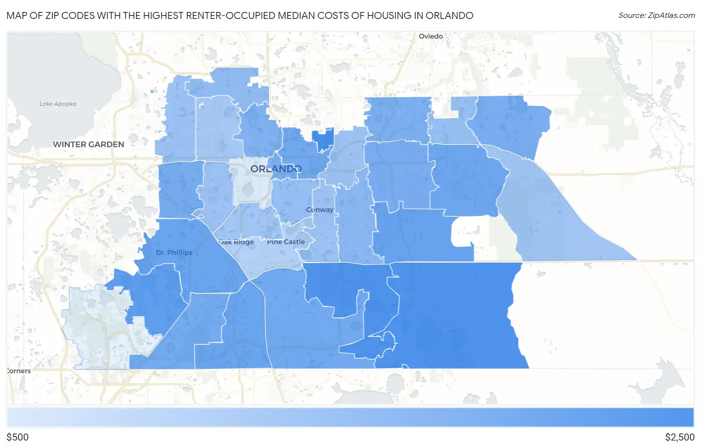 Zip Codes with the Highest Renter-Occupied Median Costs of Housing in Orlando Map