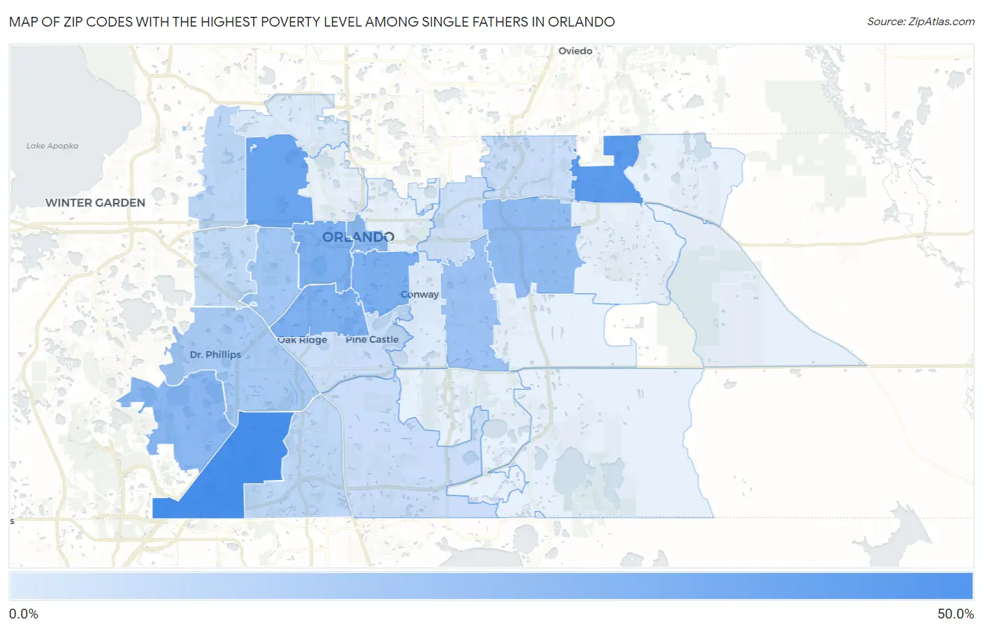 Zip Codes with the Highest Poverty Level Among Single Fathers in Orlando Map