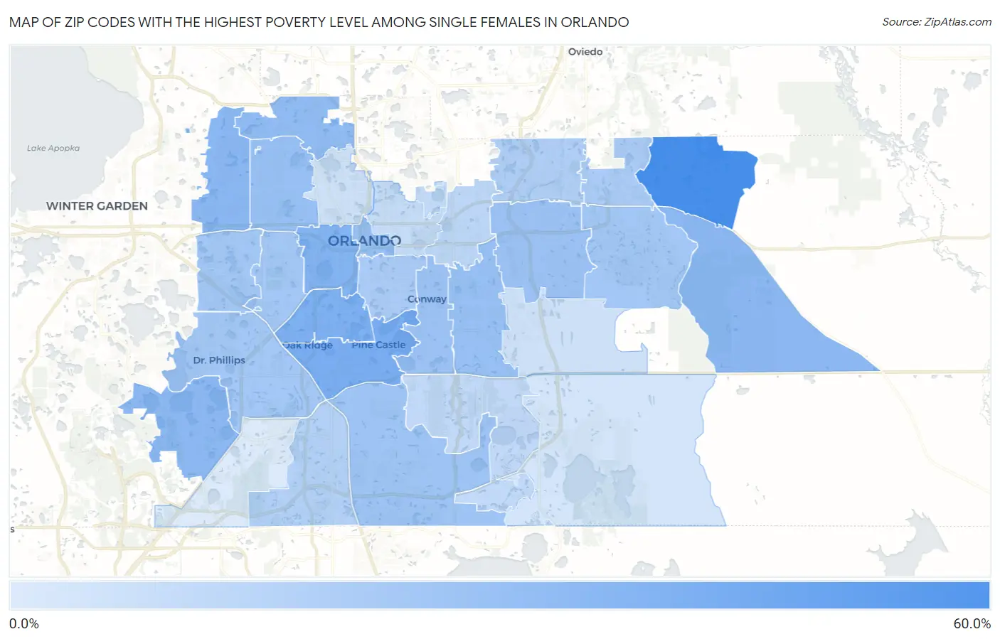 Zip Codes with the Highest Poverty Level Among Single Females in Orlando Map