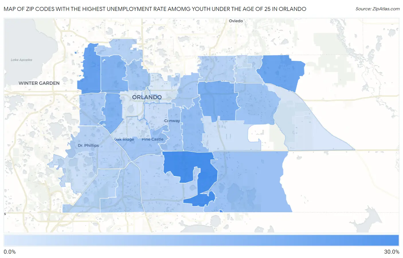 Zip Codes with the Highest Unemployment Rate Amomg Youth Under the Age of 25 in Orlando Map
