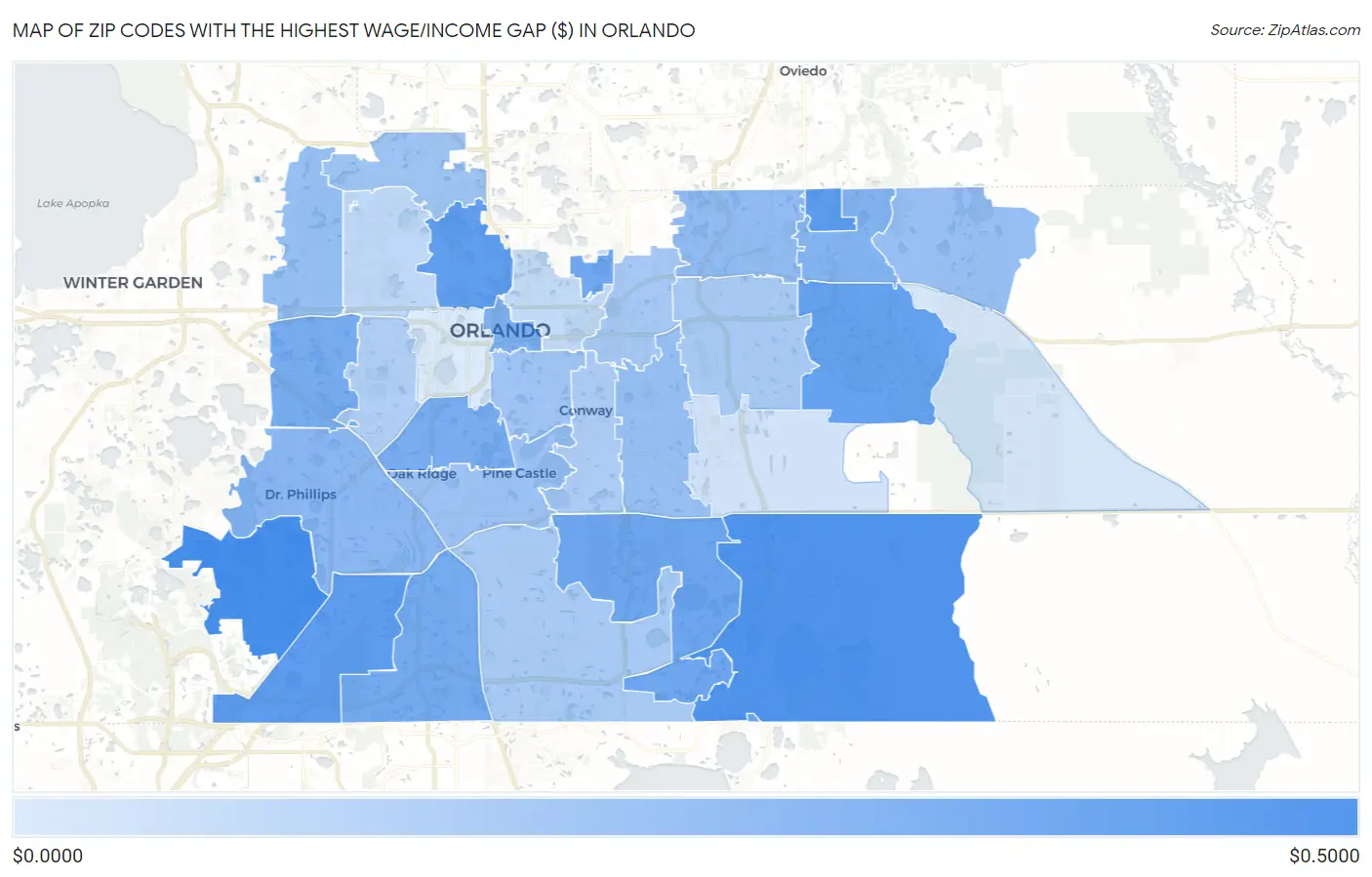Zip Codes with the Highest Wage/Income Gap ($) in Orlando Map