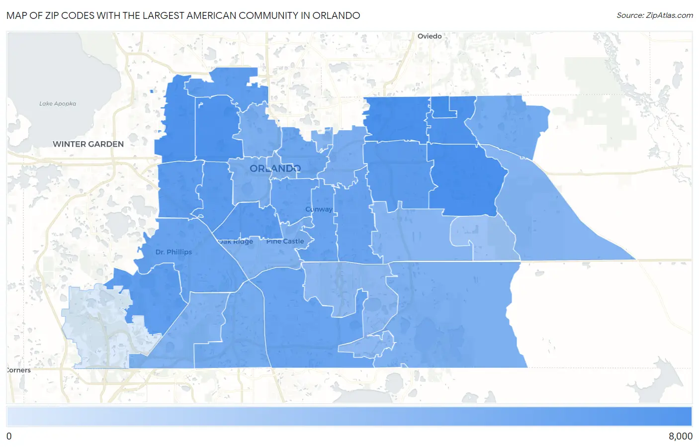 Zip Codes with the Largest American Community in Orlando Map