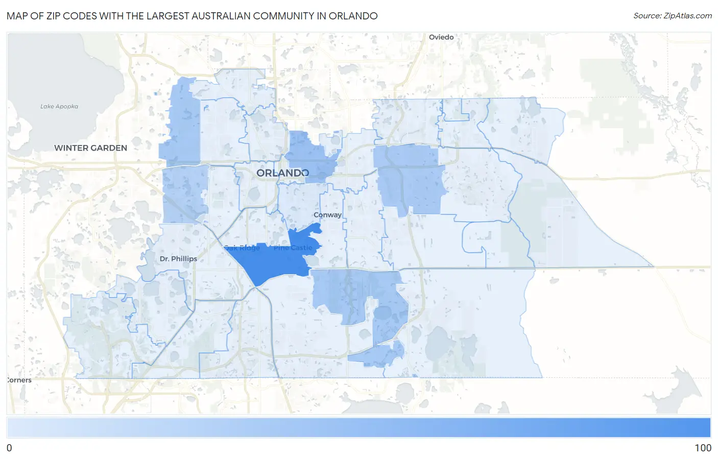 Zip Codes with the Largest Australian Community in Orlando Map