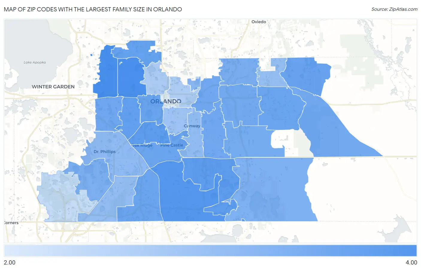 Zip Codes with the Largest Family Size in Orlando Map