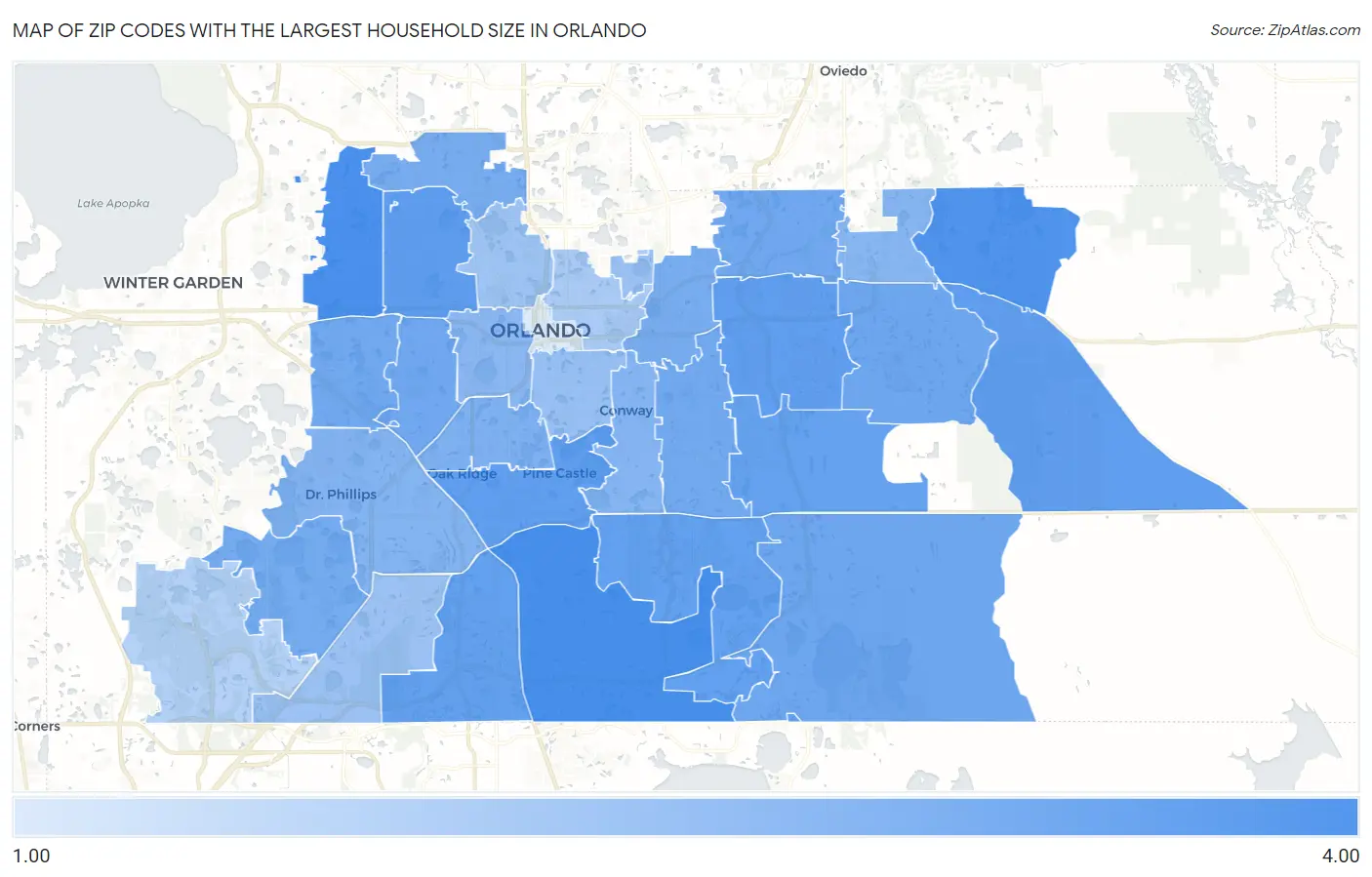 Zip Codes with the Largest Household Size in Orlando Map