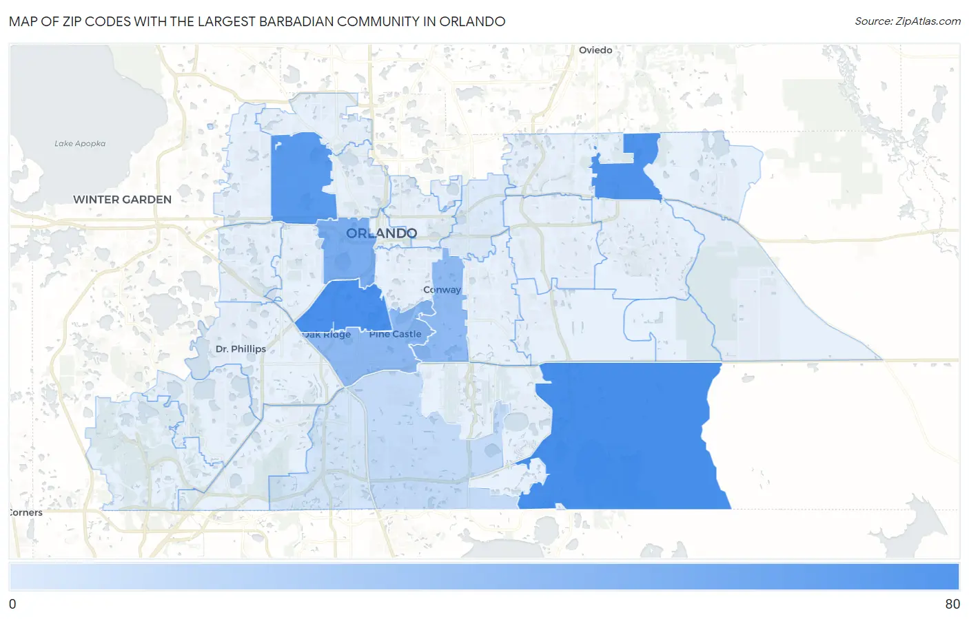 Zip Codes with the Largest Barbadian Community in Orlando Map