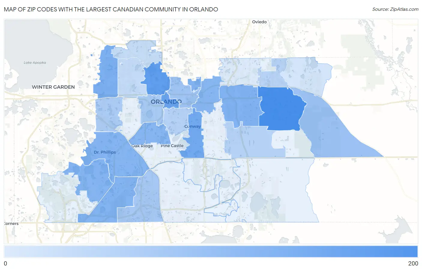 Zip Codes with the Largest Canadian Community in Orlando Map