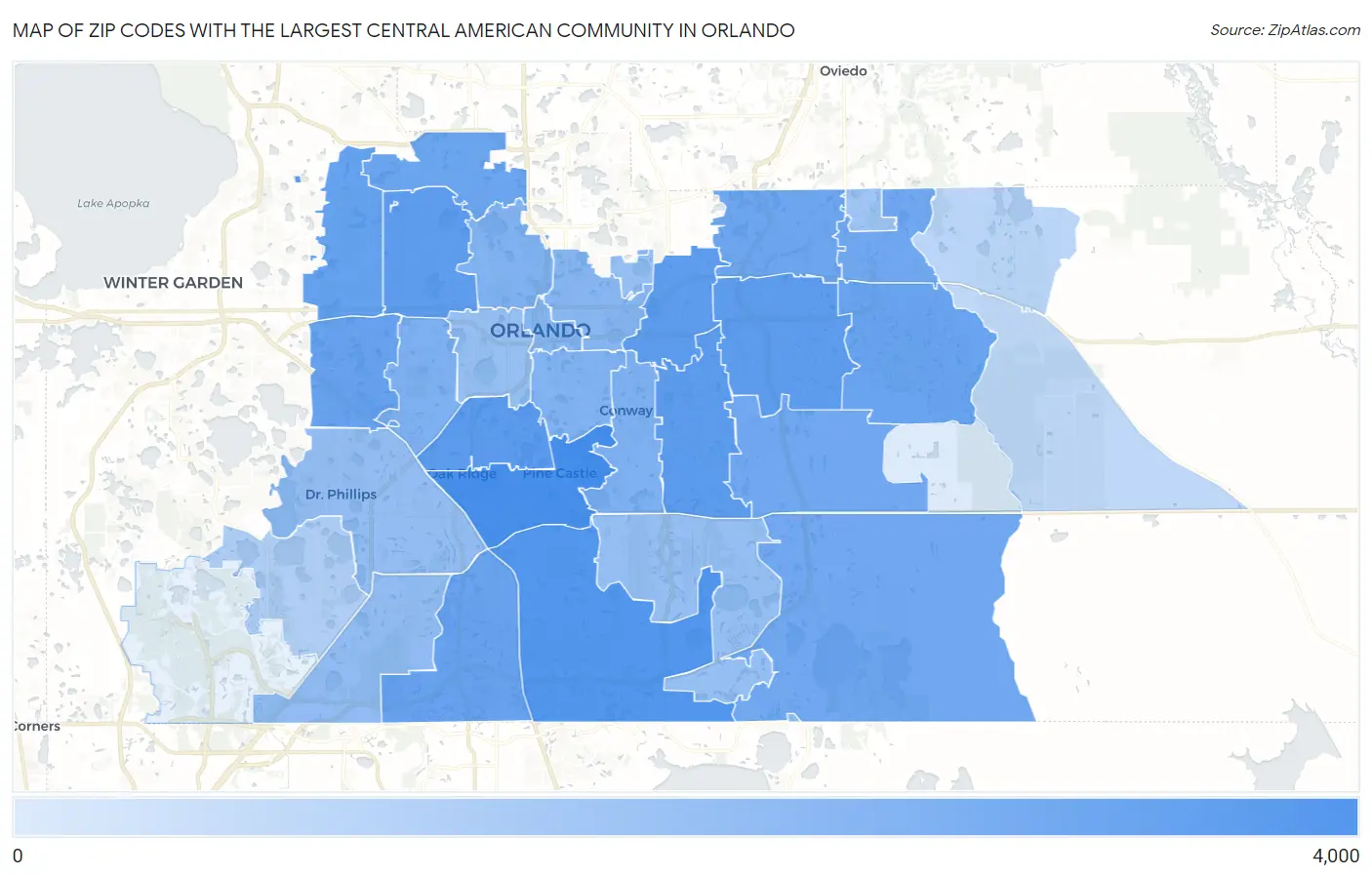 Zip Codes with the Largest Central American Community in Orlando Map
