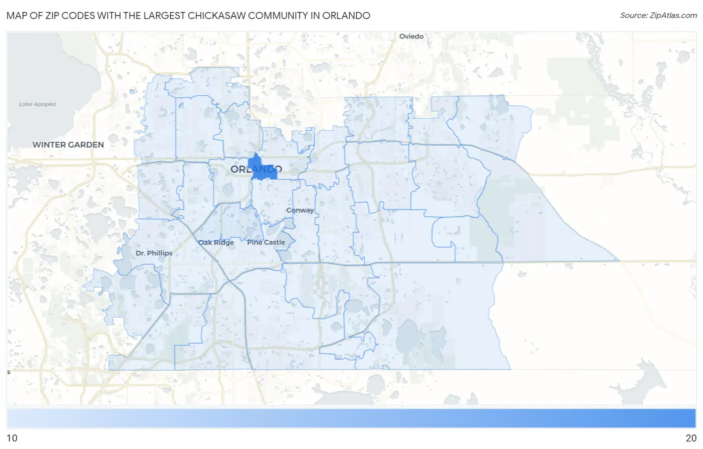 Zip Codes with the Largest Chickasaw Community in Orlando Map