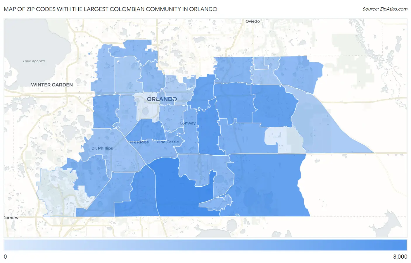 Zip Codes with the Largest Colombian Community in Orlando Map