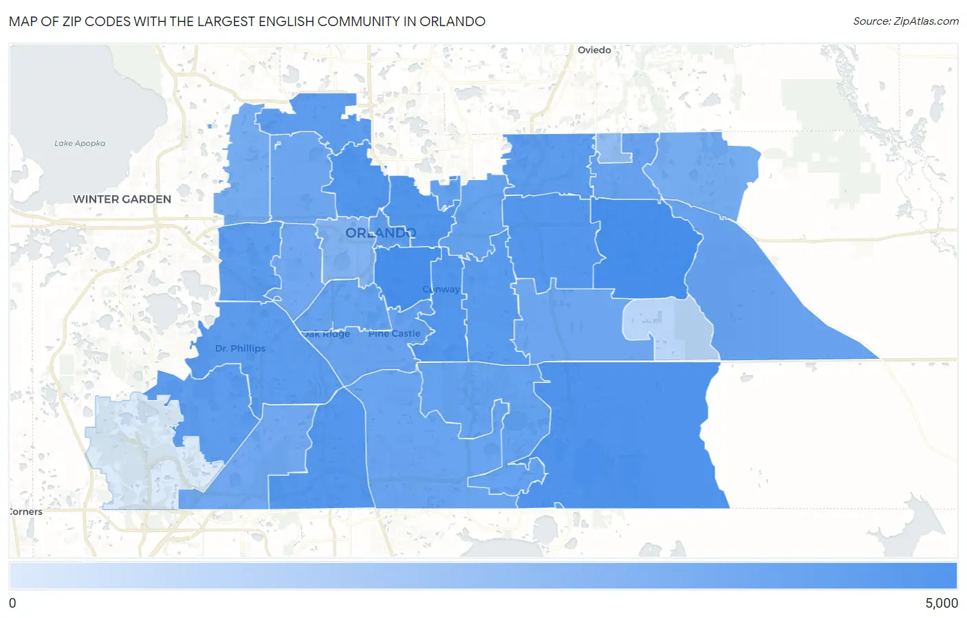 Zip Codes with the Largest English Community in Orlando Map