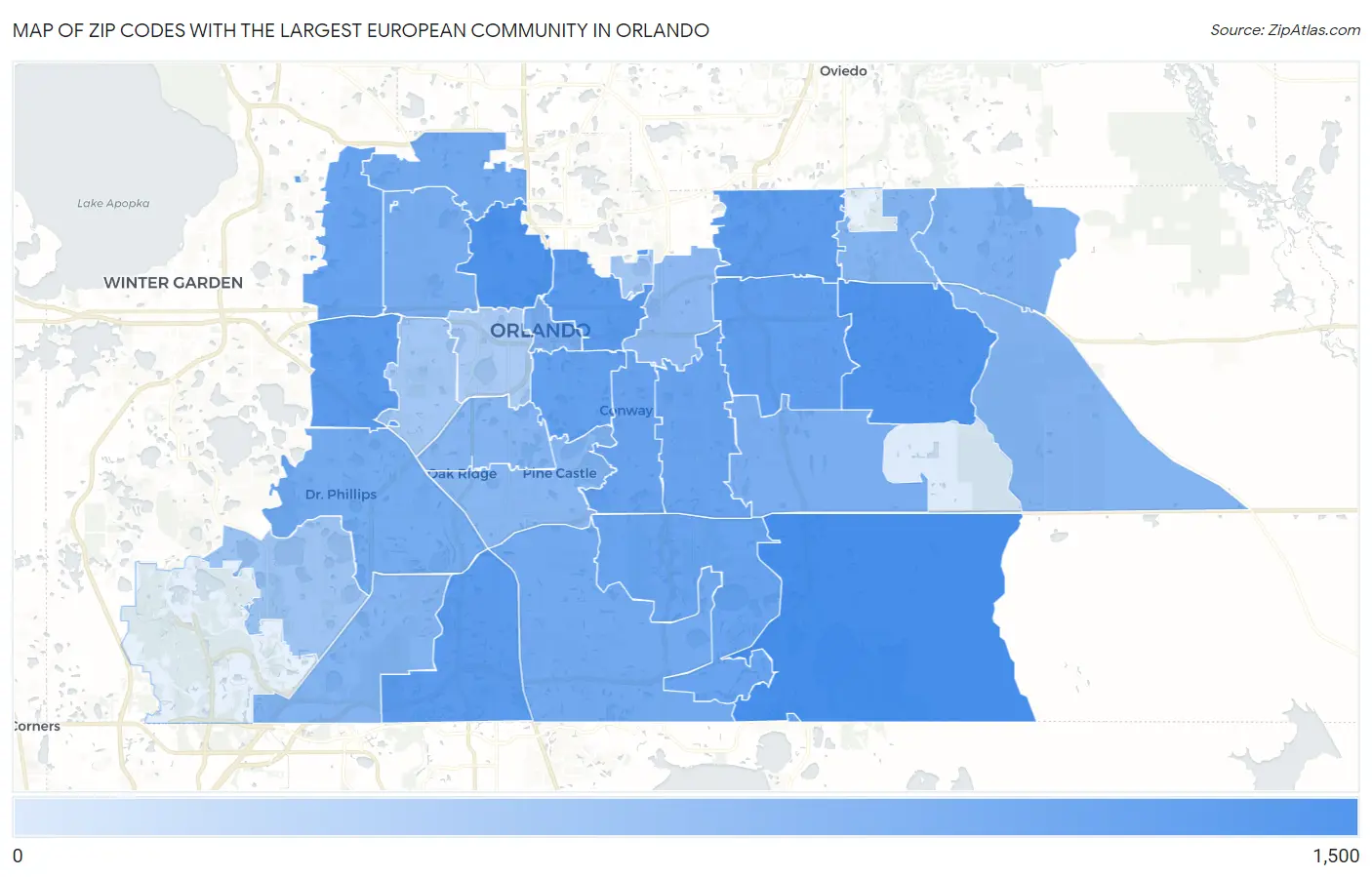 Zip Codes with the Largest European Community in Orlando Map