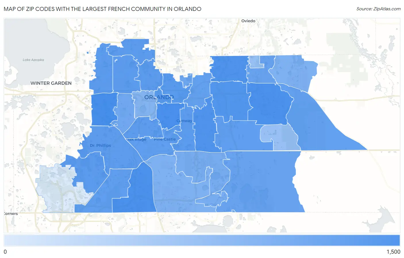 Zip Codes with the Largest French Community in Orlando Map