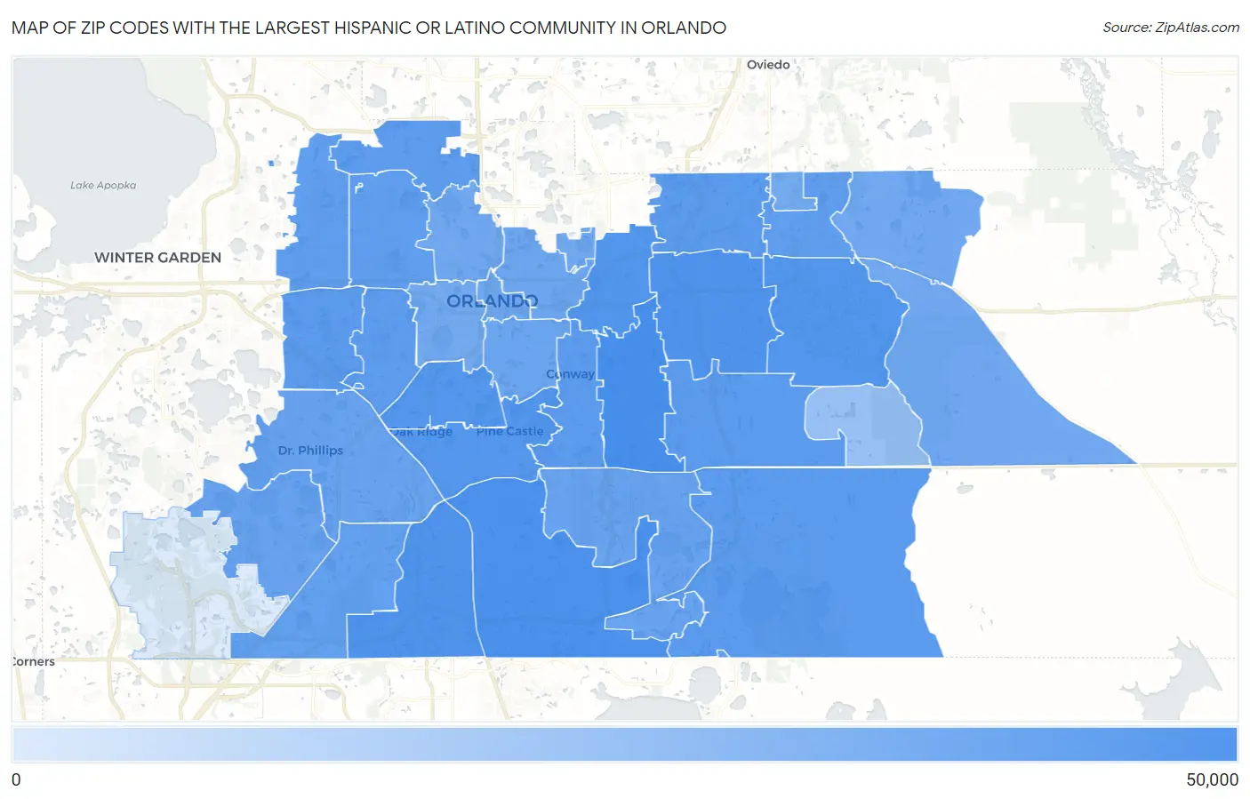 Zip Codes with the Largest Hispanic or Latino Community in Orlando Map