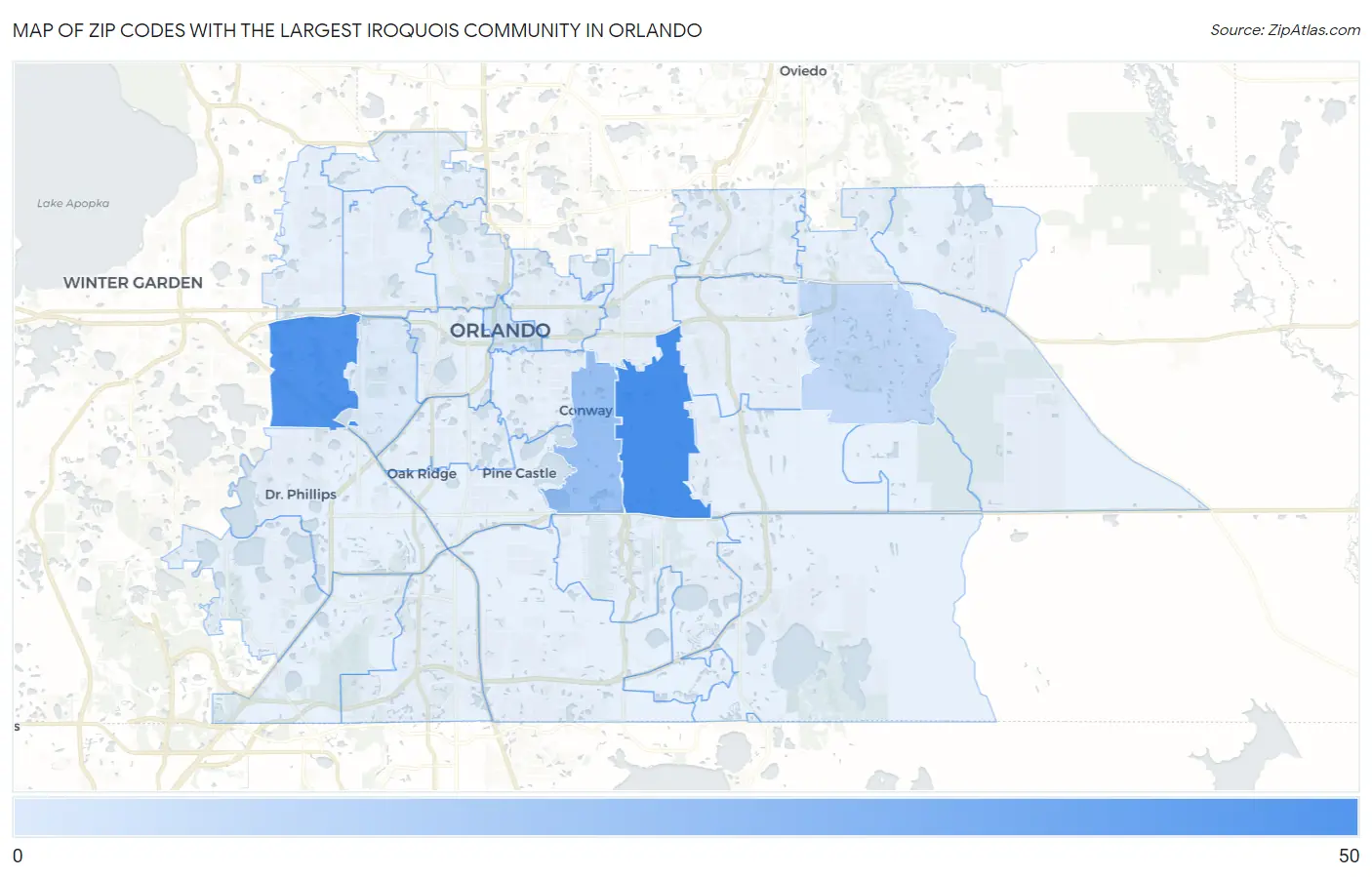 Zip Codes with the Largest Iroquois Community in Orlando Map